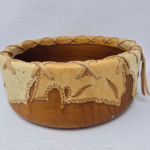 Wood Bowl 12" Leather Overlay Handmade Possibly Native American Round Wooded - Picture 3 of 14
